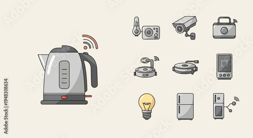 Collection of smart home devices including a kettle, cameras, appliance, and lightbulb