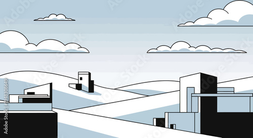 Minimalist landscape with geometric buildings and clouds against a light blue sky