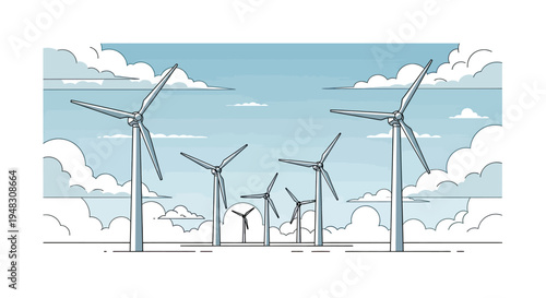 Multiple wind turbines stand tall against a cloudy, pale blue sky