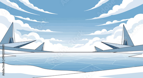 Minimalist arctic landscape with icy plains and sharp geometric structures under a cloudy sky