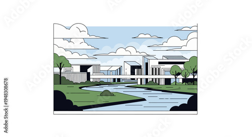 Modern architecture on a riverbank under a cloudy sky, minimalist style