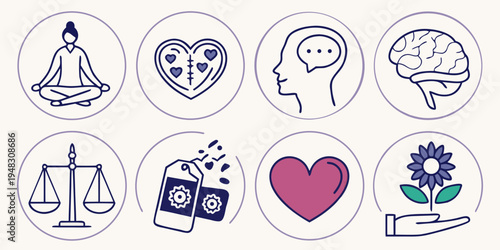 a set of icons representing mental health and wellness Vector