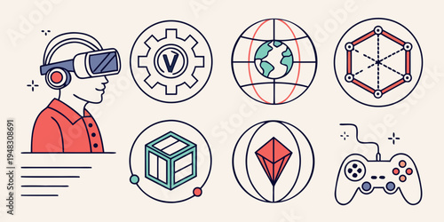 a man wearing virtual reality goggles and several icons Vector