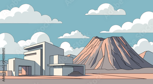 Modern cubic building and a large mountain under a cloudy sky