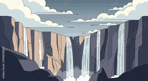 Vast canyon with multiple waterfalls cascading down sheer, flat-topped cliffs under a cloudy sky