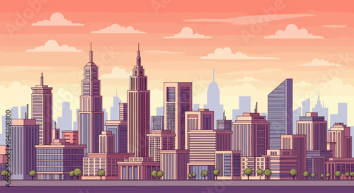 Stylized cityscape under a warm, cloud-filled sky