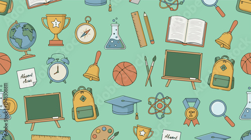 Back to school seamless pattern with education and learning items