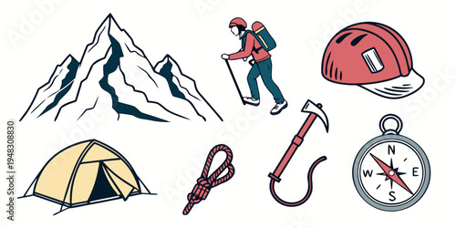 climbing and camping equipment and a mountain Vector