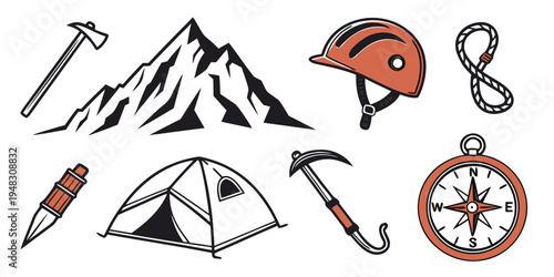 climbing and hiking equipment icons Vector