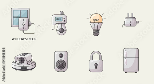 Stylized icons of smart home devices and appliances window sensor, timer, lightbulb, plug, camera, speaker, lock, fridge