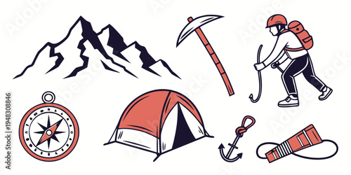 a set of climbing and camping icons with a tent and a compass Vector