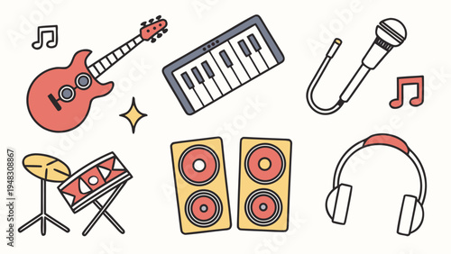 a collection of musical instruments and equipment Vector