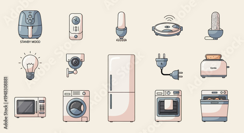 Collection of modern kitchen appliances and electronics illustrated with clean lines