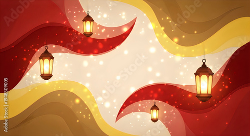 Elegant islamic background featuring glowing lanterns amidst flowing waves of red and gold hues