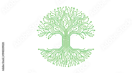 Green circuit board tree icon symbolizing natural technology and data