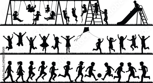 Kids playground silhouettes set, children swinging sliding running jumping playful outdoor park activity childhood motion vector illustration collection