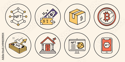 a collection of eight icons related to business and finance Vector