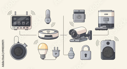 Connected smart devices illustration hub, security cameras, robot vacuum, smart bulb, lock