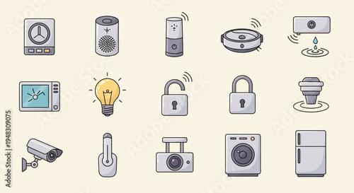 Set of connected home devices including smart speakers, locks, appliances, and security