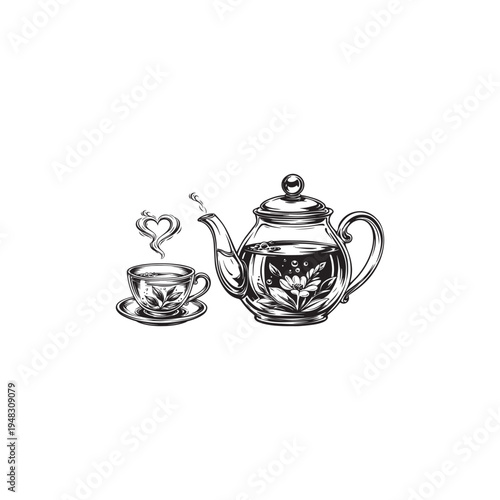 Glass teapot and mug with tea vector sketch