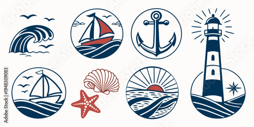 a set of nautical icons including a lighthouse and a sailboat Vector
