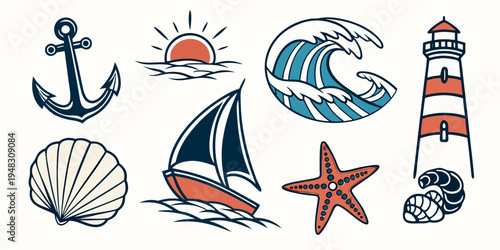 a collection of nautical icons including a sailboat and lighthouse Vector