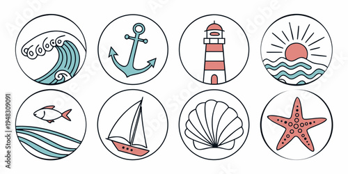 a set of nautical icons including a fish, anchor, lighthouse, sun, shark, boat, shell, and starfish Vector