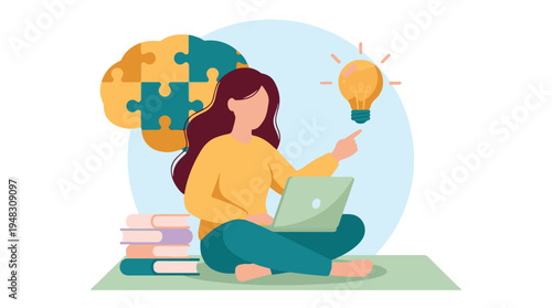 Woman generating creative ideas with laptop, books and puzzle brain concept