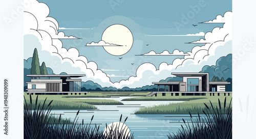 Serene modern homes flank a tranquil river under a bright sun and fluffy clouds