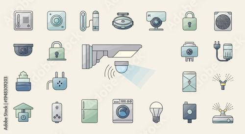 Collection of smart home icons including security cameras, locks, lighting, and appliances
