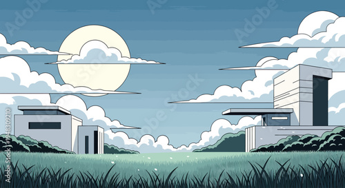 Minimalist modern buildings in a grassy field under a large moon and clouds