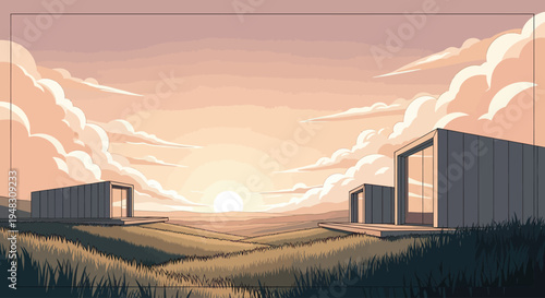 Two modern, minimalist homes sit on a grassy hill at sunset