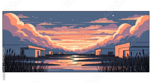 Sunset over a tranquil water body with modern structures and reeds