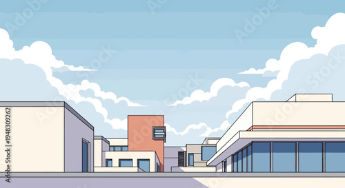 Geometric cityscape with large clouds against a bright blue sky