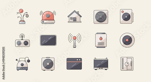 Flat icons depicting smart home devices, security, and appliances