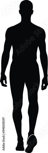 Male human silhouette walking forward, frontal view illustration of anatomy, posture, motion, movement concept for design, study, lifestyle themes