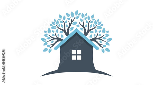 Modern house logo with tree canopy symbolizing nature, home, and growth