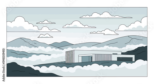 Modern house nestled among misty mountains and clouds