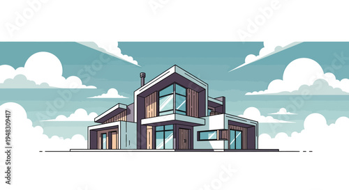 Stylized, geometric modern house with large windows under a cloudy sky