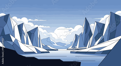 Geometric ice formations stand starkly against a cloudy, blue sky and calm water