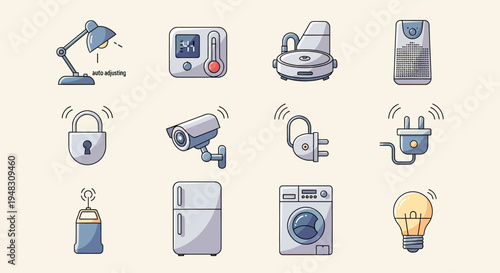 Smart home icons lamp, thermometer, robot vacuum, purifier, lock, camera, plug, fridge, washer, bulb