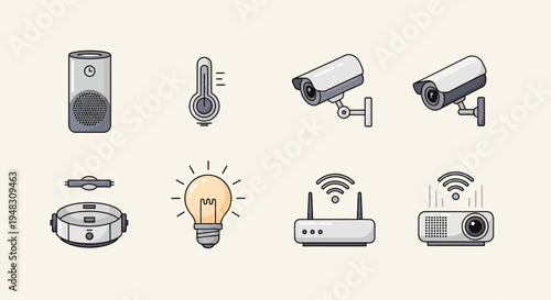Collection of illustrated smart home devices, including speaker, thermometer, cameras, projector