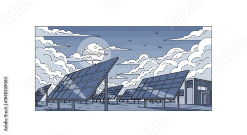 Array of solar panels under a cloudy sky with a moon