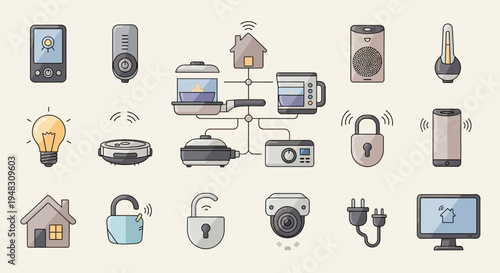 Collection of smart home devices, appliances, security, and connectivity icons