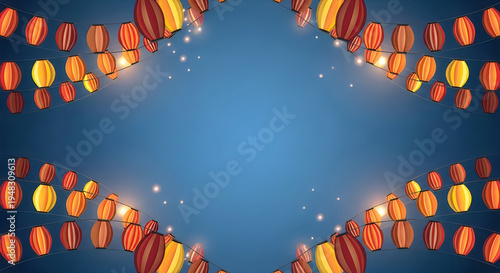 Festive hanging lanterns arranged in elegant curves against a deep blue gradient background scene