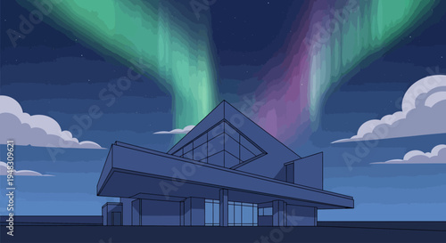 Modern building under a vibrant aurora borealis and starry night sky