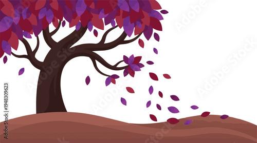 Vector illustration of autumn tree with colorful falling leaves on a hill