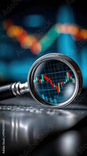 Magnifying glass over financial data chart analysis