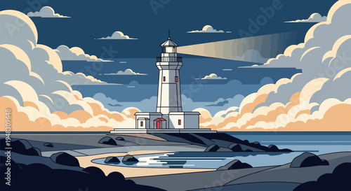 Tall beacon on rocky shore shines light into twilight sky with clouds