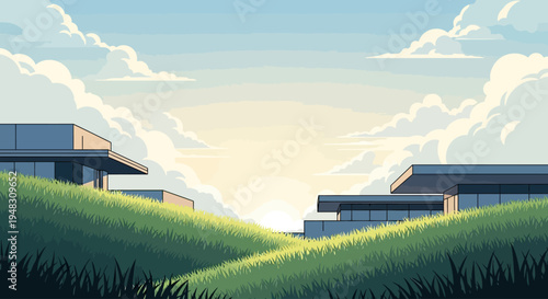 Verdant hills meet modern architecture under a soft, cloudy sky